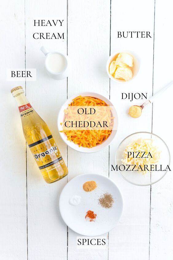 pretzel beer cheese dip, Ingredients on table for beer cheese dip