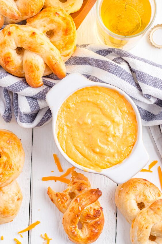 pretzel beer cheese dip, Pretzel beer cheese dip on table with soft pretzels