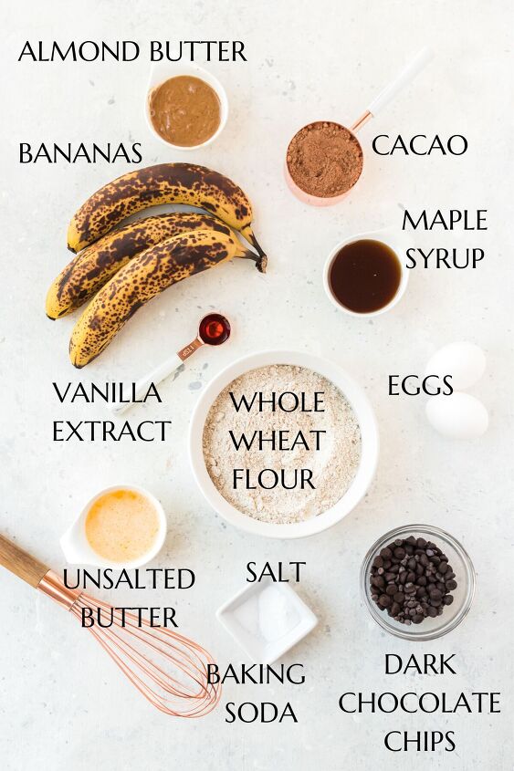 double chocolate banana bread, ingredients to make double chocolate banana bread on table