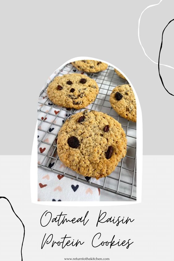 oatmeal raisin protein cookies, oatmeal raisin protein cookies on a cooling rack next to a towel with little hearts on it
