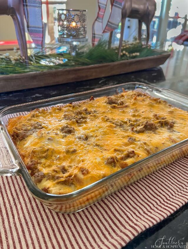 easy cheesy sausage and egg breakfast casserole make ahead in minutes, Sausage and egg casserole in a Pyrex casserole dish