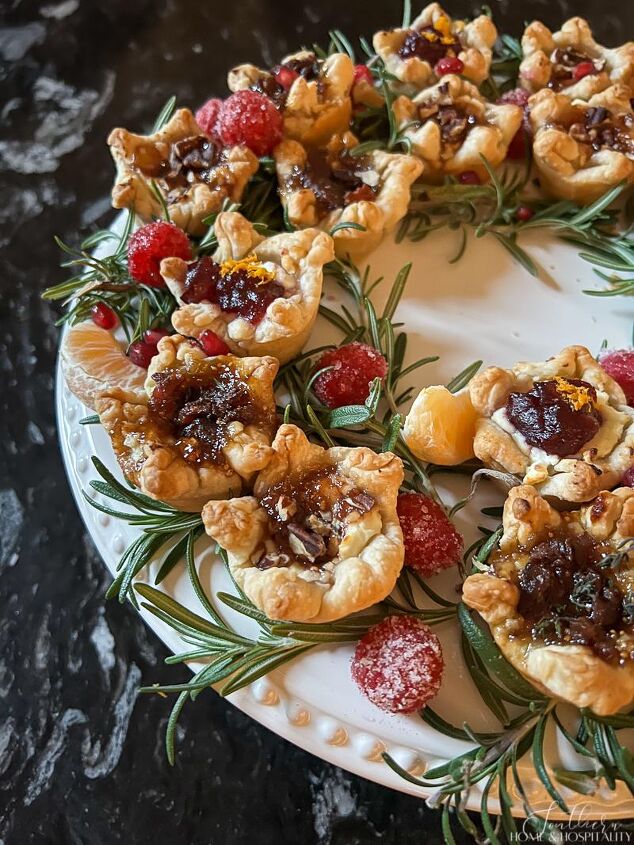 easy goat cheese tartlet cups bite size appetizers, Goat cheese tartlets with fig jam cranberry and raspberry chipotle sauce
