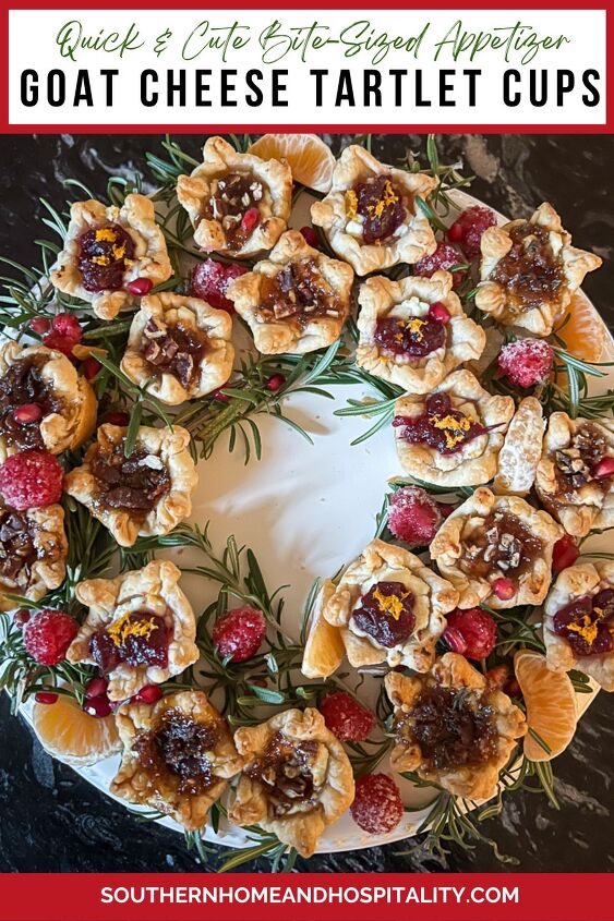 easy goat cheese tartlet cups bite size appetizers, Goat cheese tartlet cups Pinterest graphic