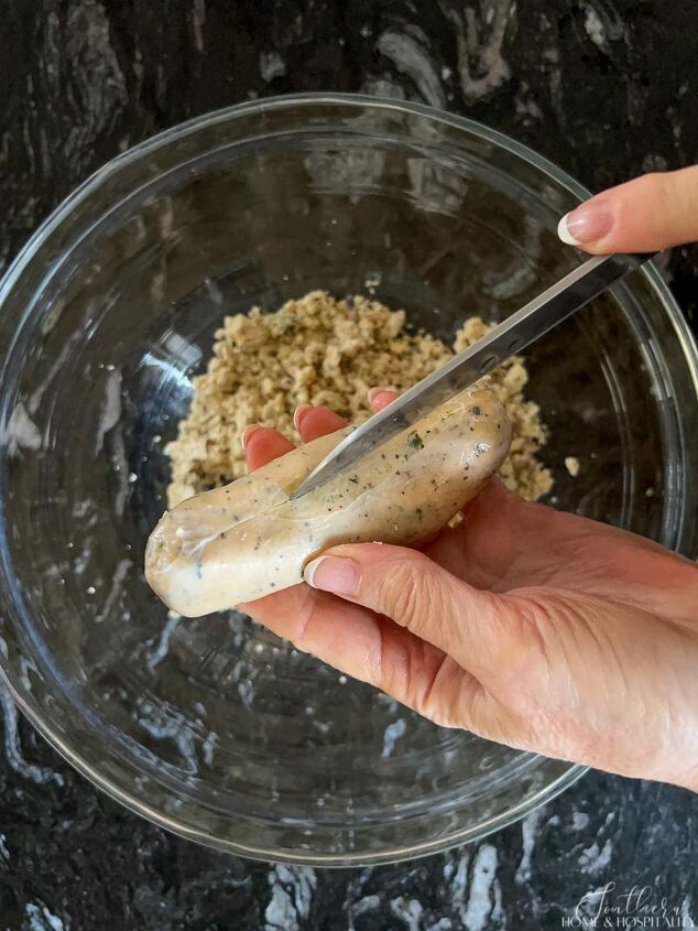 best boudin dip recipe easy peasy spicy cheesy, Slicing boudin casing for boudin dip