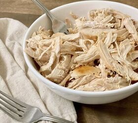 easy weeknight chicken ramen, Shredded rotisserie chicken in a white bowl with forks