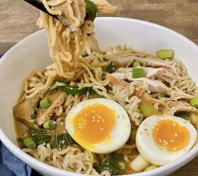 easy weeknight chicken ramen, Eating easy weeknight chicken ramen out of a white bowl with chopsticks