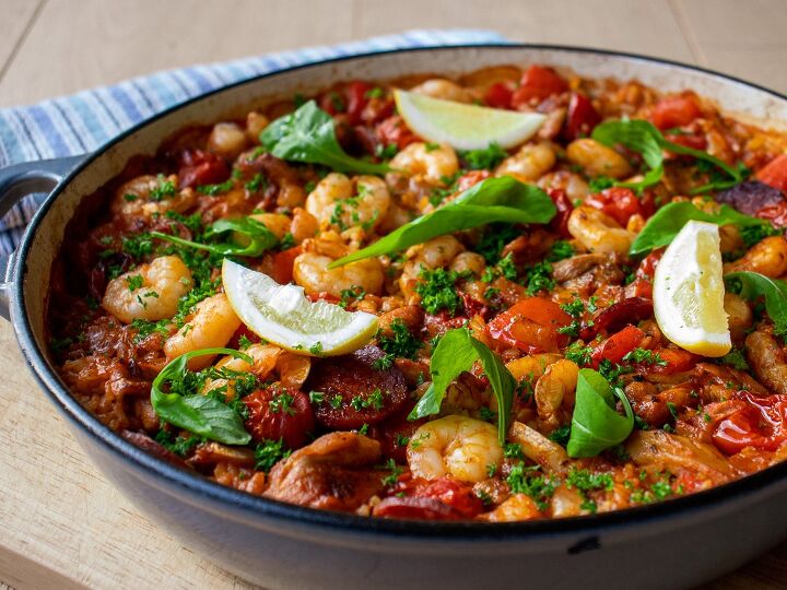 chicken prawn and chorizo paella, paella dish served in the pan it was cooked in