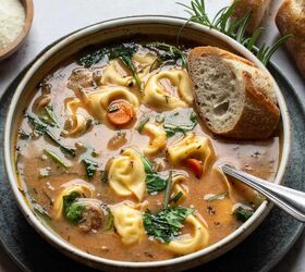 tortellini soup with sausage, tortellini soup with sausage in a bowl with fresh bread