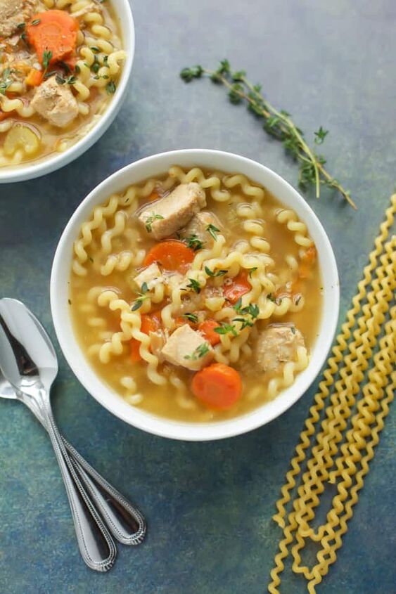 instant pot chicken soup, Instant Pot Chicken Soup in a white bowl with pasta
