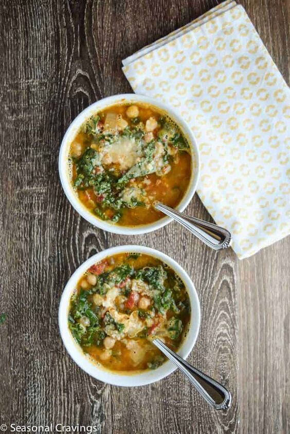 tuscan chickpea soup with kale, Tuscan Chickpea Soup with Kale in two white bowls with spoons