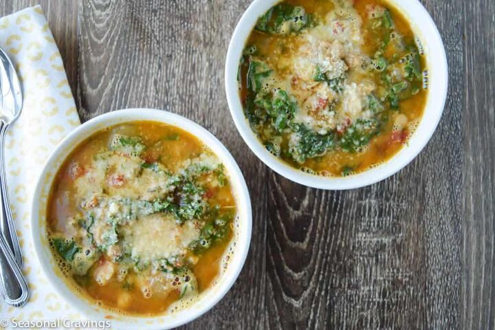 tuscan chickpea soup with kale, Tuscan Chickpea Soup with Kale in two white bowls with parmesan on top