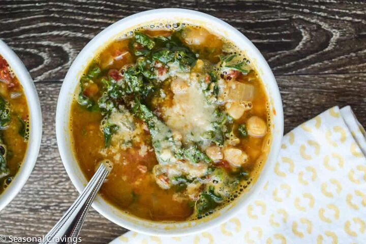 tuscan chickpea soup with kale, Tuscan Chickpea Soup with Kale in a white bowl