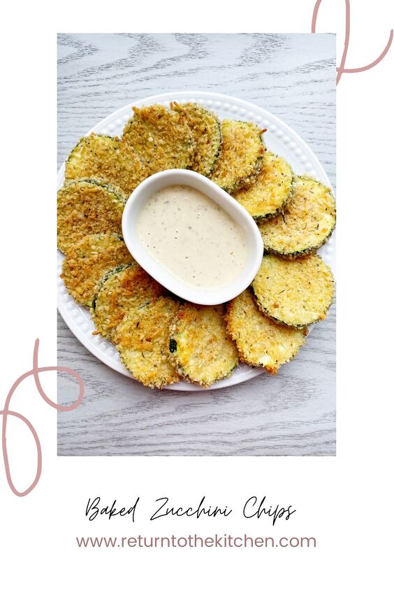 easy oven baked zucchini chips, baked zucchini chips on a plate with ranch dressing in a small bowl