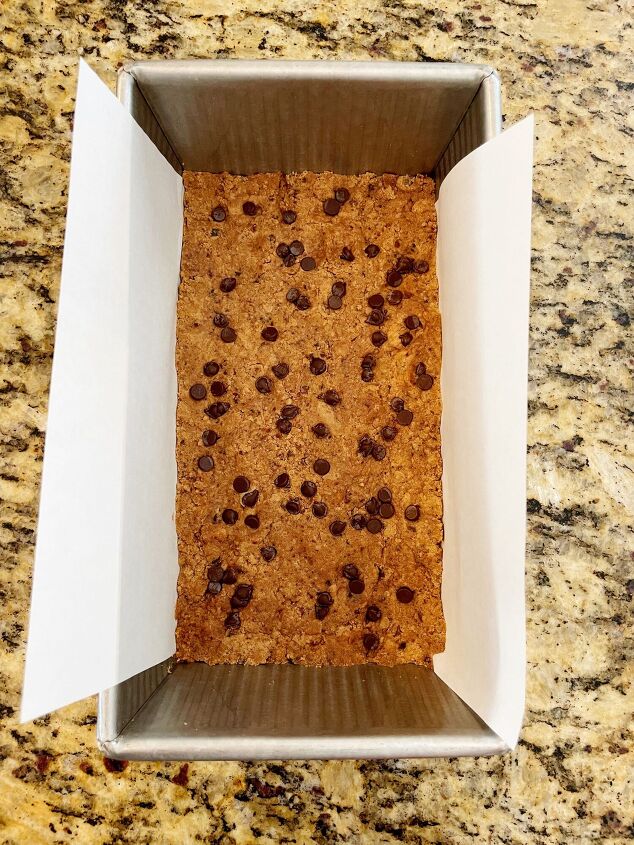 no bake chocolate peanut butter protein bars 4 ingredients, Press mixture into pan in an even layer If desired top with a couple of chocolate chips and press them into the dough