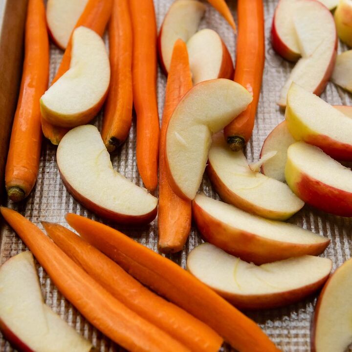 maple dijon glazed roasted carrots and apples, Cut the carrots into similar thickness