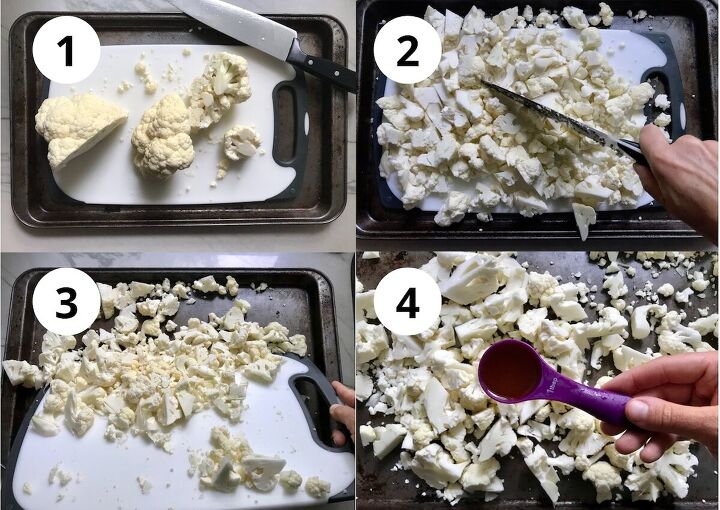 easy mashed roasted cauliflower and garlic, Four picture collage of cauliflower being prepped for roasting for Roasted Garlic Cauliflower Mash Upper left on cutting board in sheet pan with knife Upper right cauliflower chopped up Lower left pouring chopped cauliflower from cutting board onto sheet pan Lower right tablespoon of oil being poured over raw cauliflower on sheet pan