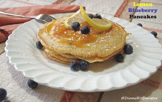 lemon blueberry pancake recipe, Plate of pancakes with lemon and fresh blueberries