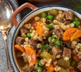 instant pot beef barley soup crockpot stove top, A small dutch oven filled with beef barley soup There s a sprig of thyme on top of the soup There s a textured napking next to the bowl with a antique spoon