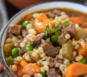 instant pot beef barley soup crockpot stove top, Instant pot beef barley soup There s a fresh thyme sprig on top of the soup and you can see the creamy barley beef chunks carrots and peas