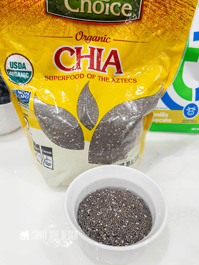 the best superfood blueberry banana smoothie, Chia seeds softening in a bowl of water