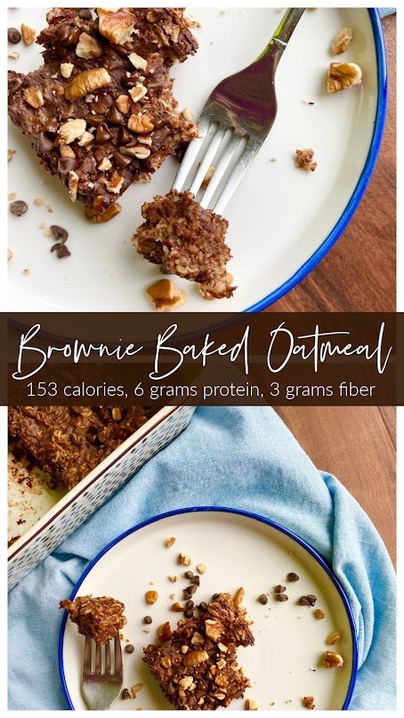 brownie baked oatmeal, Collage of brownie baked oatmeal on a white plate with fork