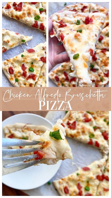 Collage of pizza photos on parchment paper hand holding a piece and fork holding a bite