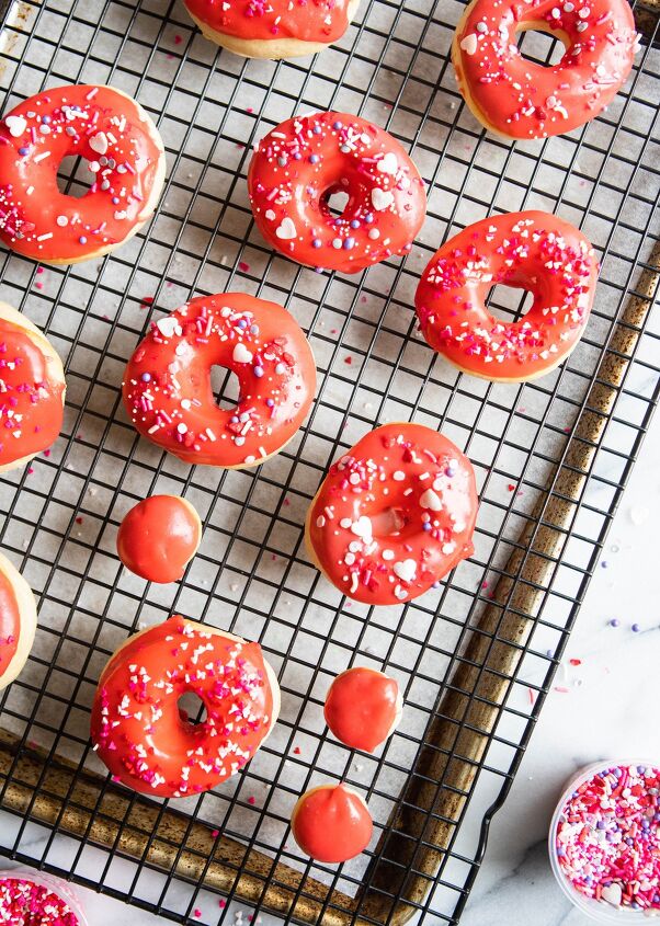 valentine donuts in air fryer basic recipe, red glazed air fryer donuts on a cooling rack
