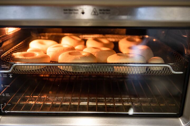 valentine donuts in air fryer basic recipe, donuts in air fryer being cooked