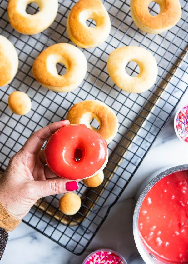 valentine donuts in air fryer basic recipe, air fryer donuts ready to be glazed with red homemade glaze