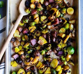 brussel sprouts with bacon and balsamic, Brussel sprouts with bacon and balsamic on a sheet pan against a gray background