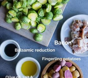 brussel sprouts with bacon and balsamic, raw ingredients to make brussels sprouts including raw bacon uncooked potatoes and brussels sprouts in small bowls