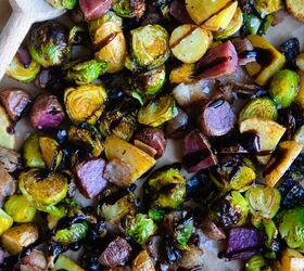 brussel sprouts with bacon and balsamic, brussels sprouts drizzled with balsamic glaze and tossed with potatoes and bacon