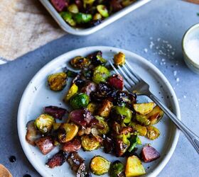 brussel sprouts with bacon and balsamic, plated air fried brussels sprouts with potatoes and bacon and tossed in balsamic glaze