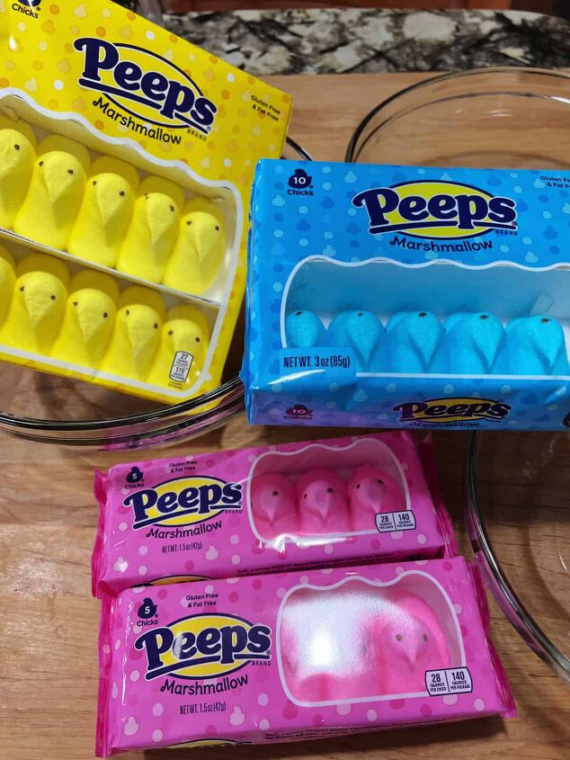 peeps rice krispie treats, 3 packages of Peeps blue pink and yellow chicks