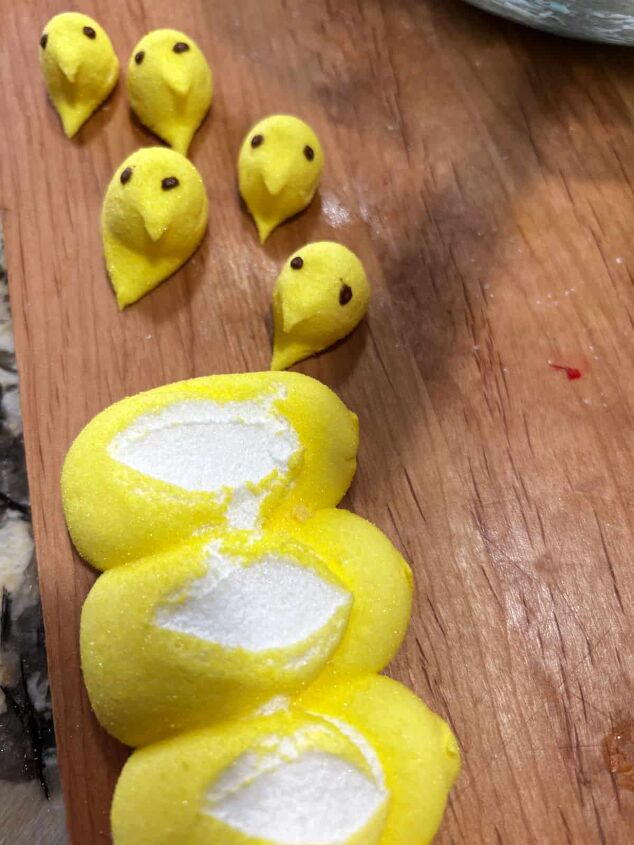 peeps rice krispie treats, some peeps with heads cut off for decorating with