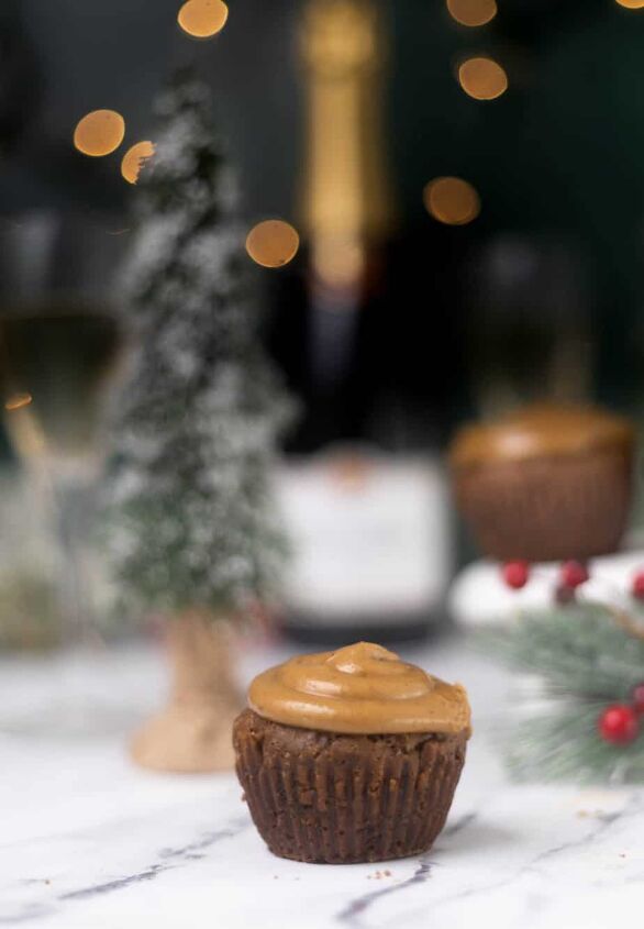 easy small batch gingerbread cupcakes, Gingerbread cupcake with greenery for Christmas in the background