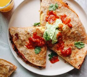 easy breakfast quesadillas, breakfast quesadillas topped with salsa and avocado creama