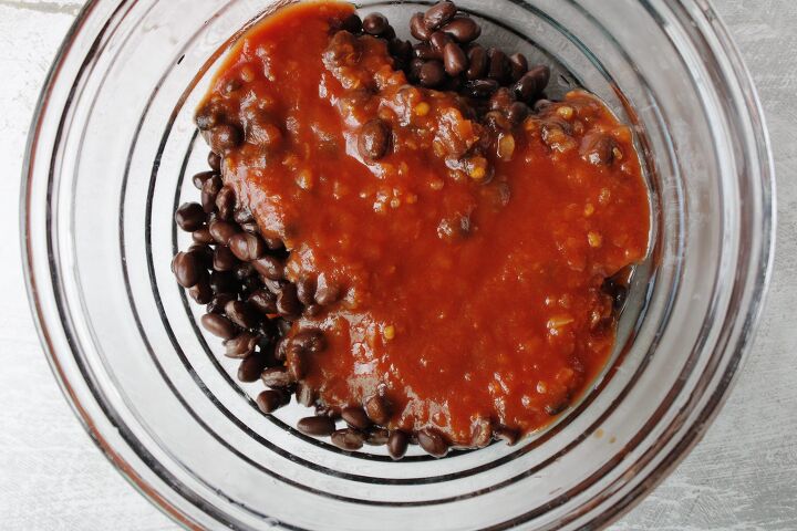 easy breakfast quesadillas, salsa and beans in a glass mixing bowl