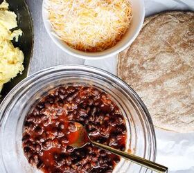 easy breakfast quesadillas, ingredients for breakfast quesadillas assembled and ready to cook