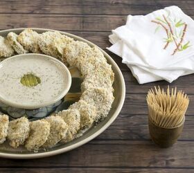 easy crunchy vegan air fried pickles no oil gluten free option, Panko crusted pickles in a circle around vegan ranch dressing on a wooden background with a shotglass of toothpicks and embroidered cloth cocktail napkins for serving