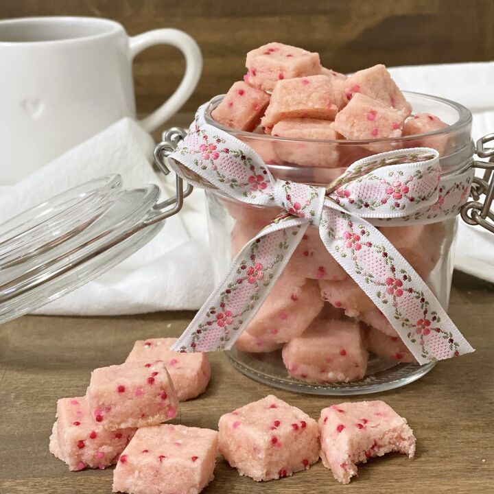 sweet valentine s shortbread bites, Sweet Valentine s Shortbread Bites in a jar with a ribbon around it