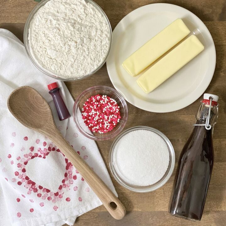 sweet valentine s shortbread bites, The ingredients needed to make sweet Valentine shortbread bites including flour sugar butter vanilla and sprinkles