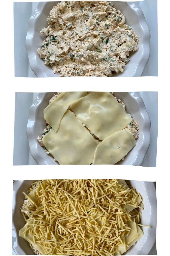 ultimate chicken casserole recipe coxinha chicken bake, 3 pictures stacked to show the chicken mixture added to pie pan then slices of cheese placed on top then potato sticks spread over the cheese for the Ultimate chicken casserole recipe