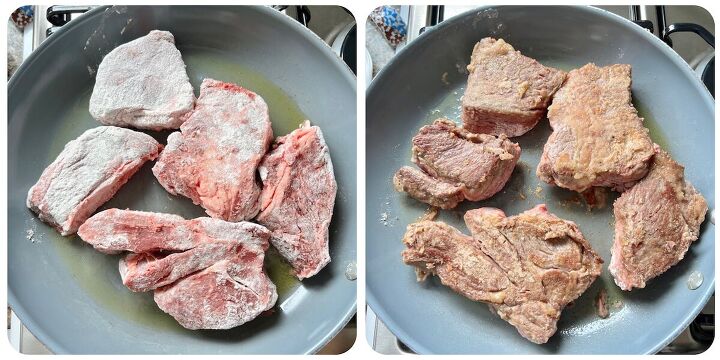 vaca atolada brazilian beef rib stew, 2 images side by side showing Beef ribs coated in flour searing in skillet for Brazilian Vaca Atolada Beef Rib Stew