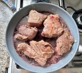 vaca atolada brazilian beef rib stew, Seared beef ribs and wine in skillet for Brazilian Vaca Atolada Beef Rib Stew