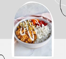 buffalo chicken rice bowl, Buffalo chicken rice bowl in a white bowl next toa pink towel
