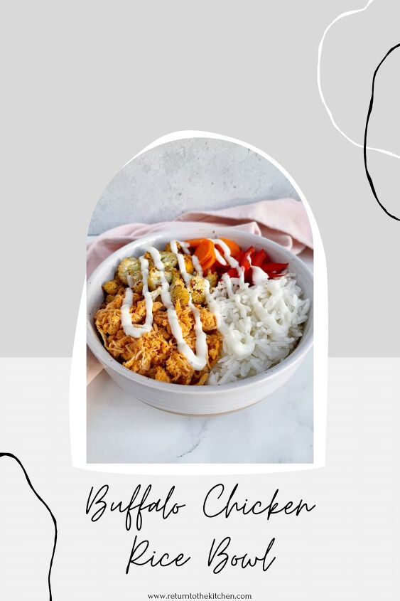 buffalo chicken rice bowl, Buffalo chicken rice bowl in a white bowl next toa pink towel