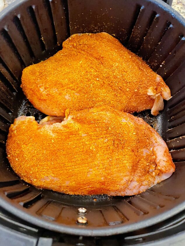 air fryer blackened chicken, Place seasoned chicken breasts in air fryer basket Cook at 400 degrees until internal temperature reaches 165 degrees