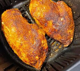air fryer blackened chicken, Cooked chicken breast still in air fryer basket Let rest for 2 3 minutes before serving