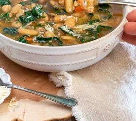 tuscan white bean soup, Tuscan White Bean Soup in a whie bowl with a spoon